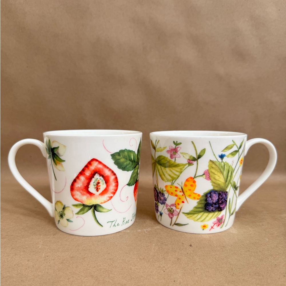 Set of 2 Rose of England Fine Bone China Mugs. Pine Strawberries & Butterflies